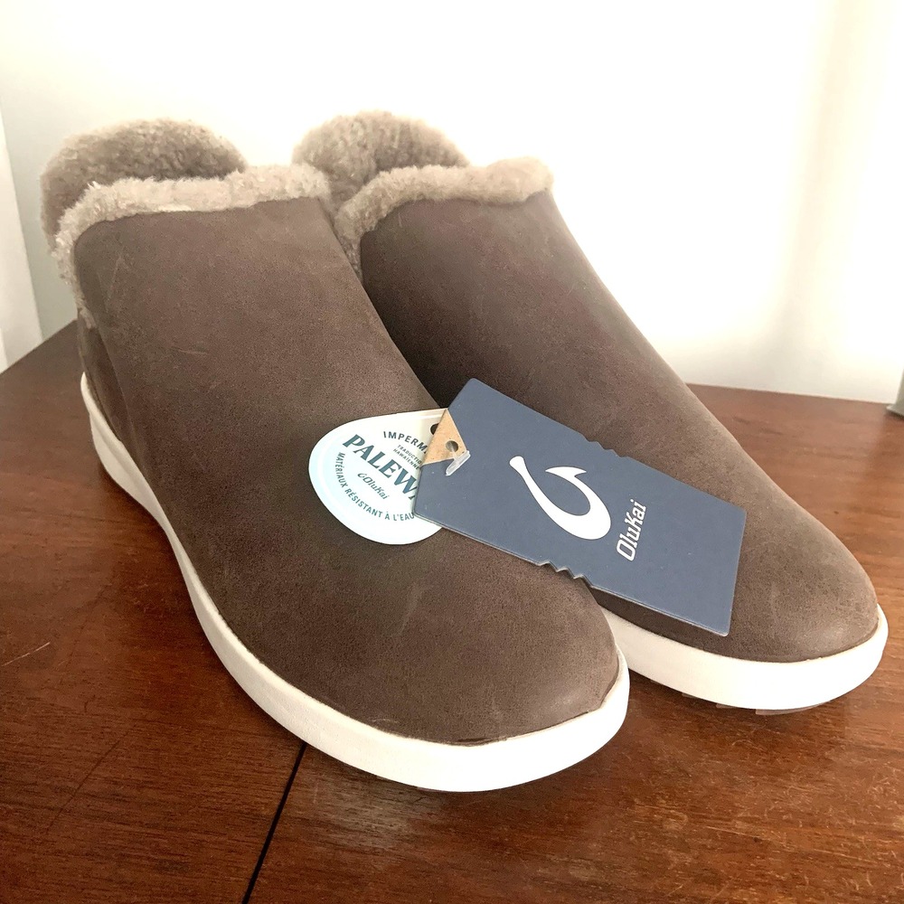 NWT NEW OluKai Malua Hulu Fur Lined Nubuck Leather Slip On Boots Women 9.5 Taupe
